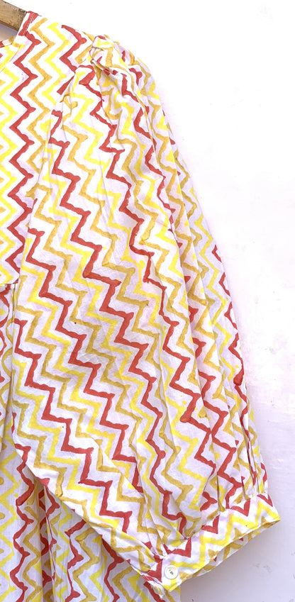 Yellow Zigzag Hand Block Printed Cotton Midi Dress – Puff Sleeve Boho Indian Dress