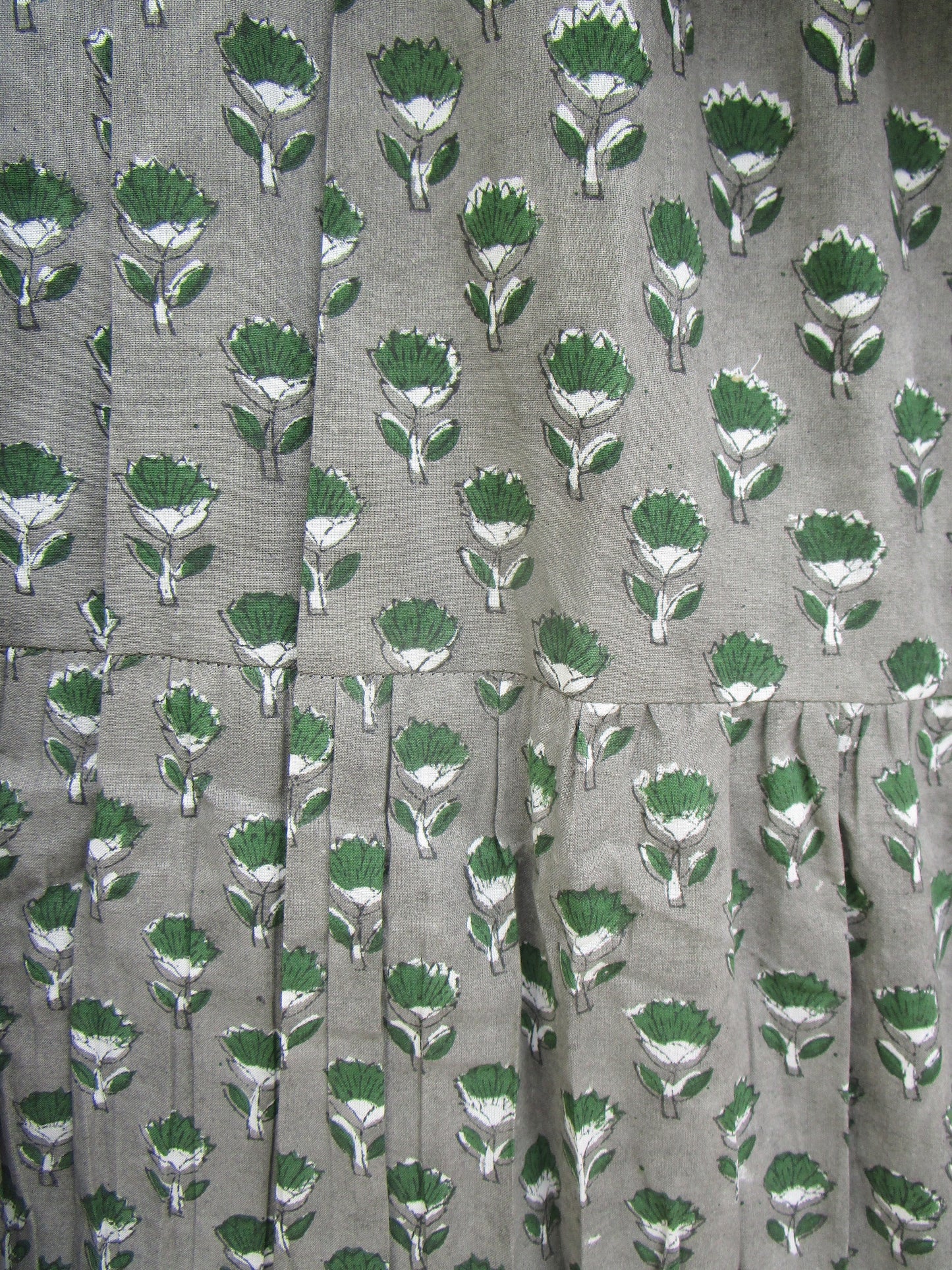 Olive Green Floral Hand Block Print Cotton Maxi Dress – Boho Puff Sleeve Tiered Summer Dress