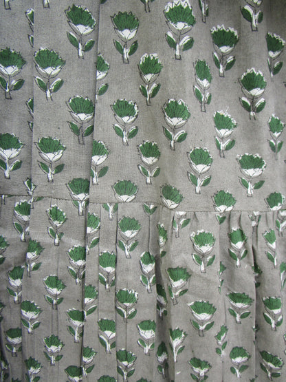 Olive Green Floral Hand Block Print Cotton Maxi Dress – Boho Puff Sleeve Tiered Summer Dress