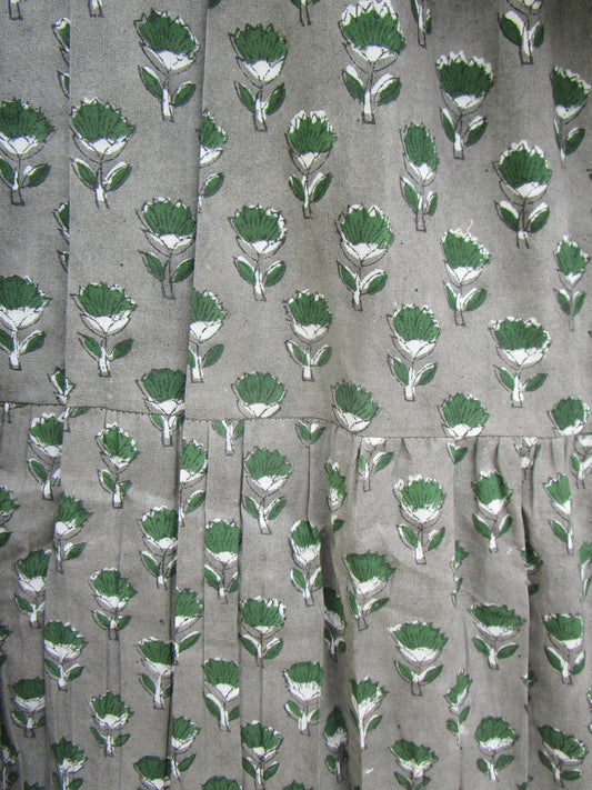 Olive Green Floral Hand Block Print Cotton Maxi Dress – Boho Puff Sleeve Tiered Summer Dress