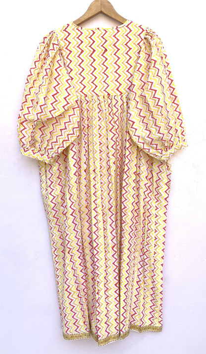Yellow Zigzag Hand Block Printed Cotton Midi Dress – Puff Sleeve Boho Indian Dress