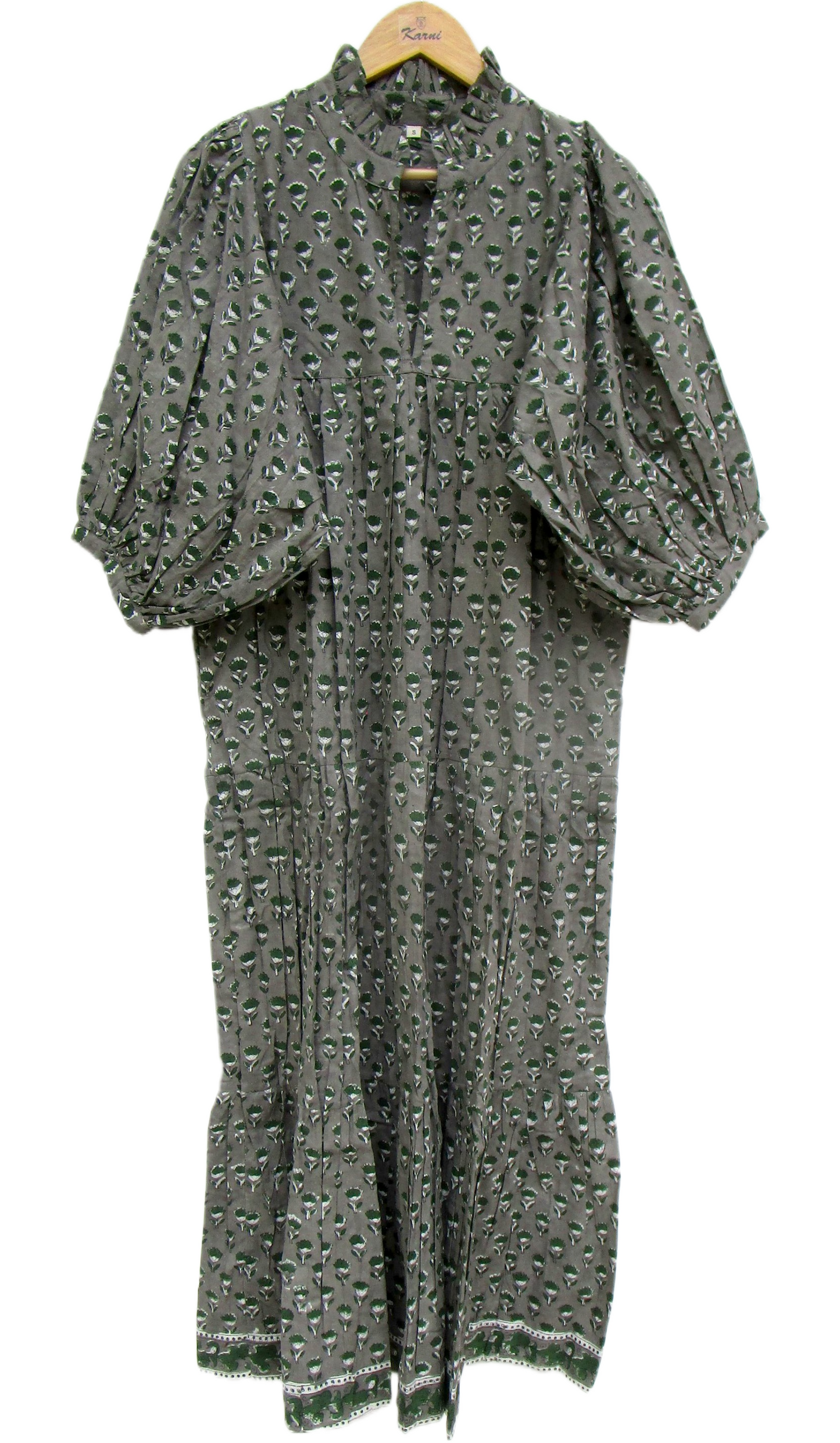Olive Green Floral Hand Block Print Cotton Maxi Dress – Boho Puff Sleeve Tiered Summer Dress