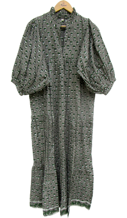 Olive Green Floral Hand Block Print Cotton Maxi Dress – Boho Puff Sleeve Tiered Summer Dress