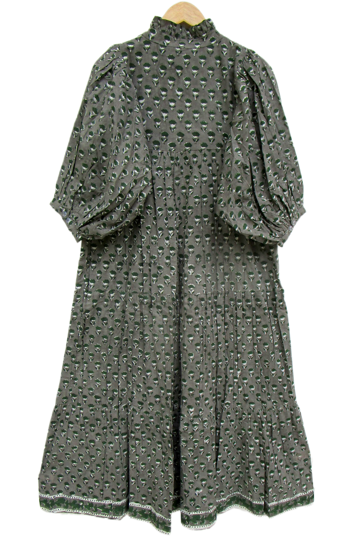 Olive Green Floral Hand Block Print Cotton Maxi Dress – Boho Puff Sleeve Tiered Summer Dress