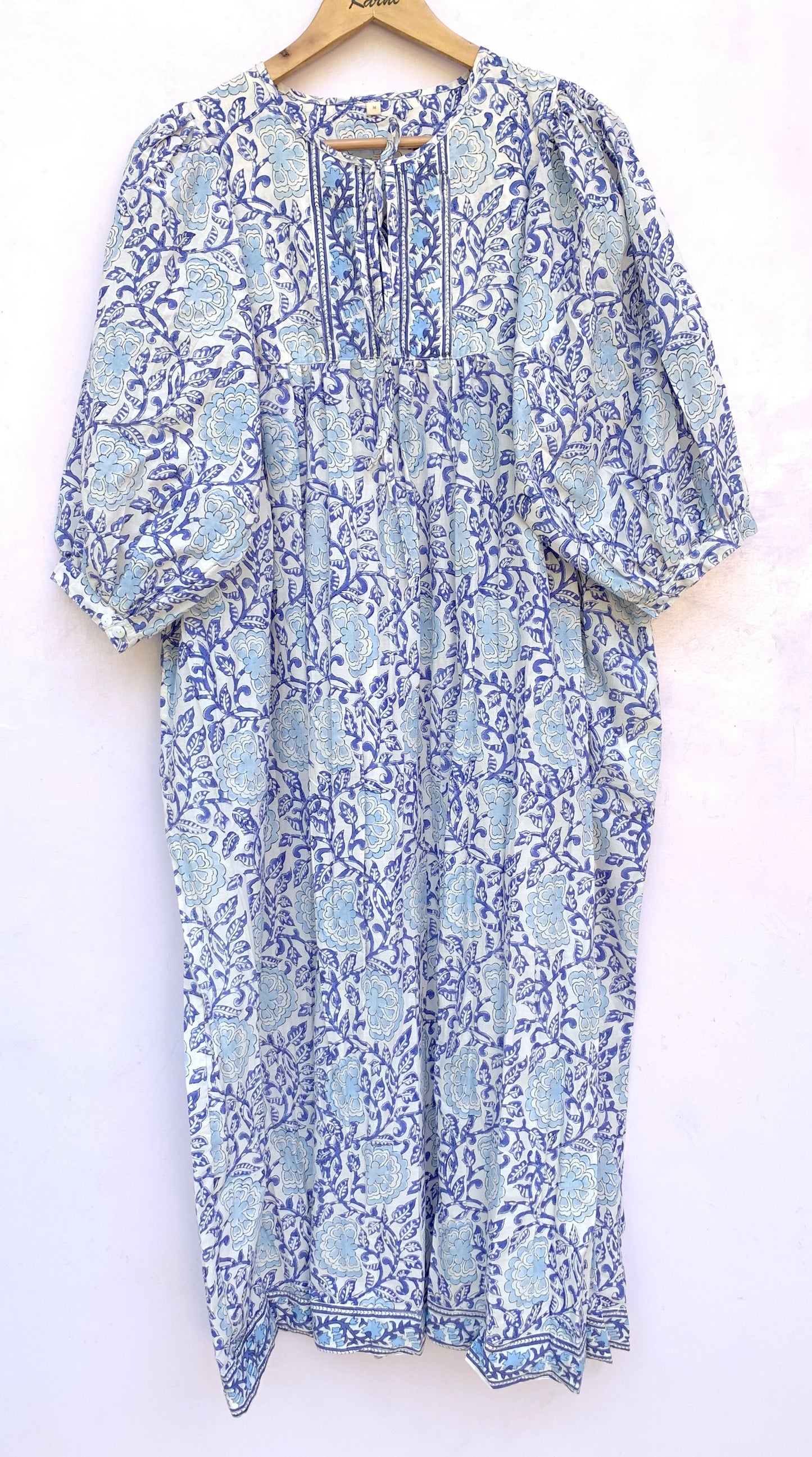Blue Floral Hand Block Printed Cotton Midi Dress – Puff Sleeve Boho Indian Dress