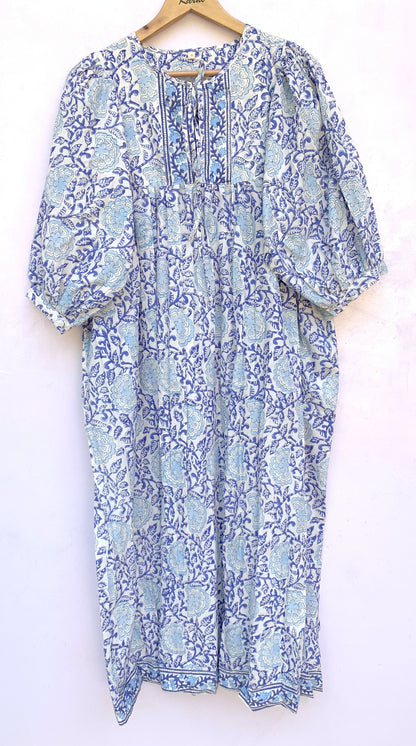 Blue Floral Hand Block Printed Cotton Midi Dress – Puff Sleeve Boho Indian Dress