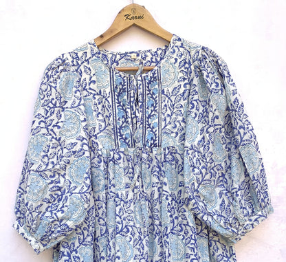 Blue Floral Hand Block Printed Cotton Midi Dress – Puff Sleeve Boho Indian Dress