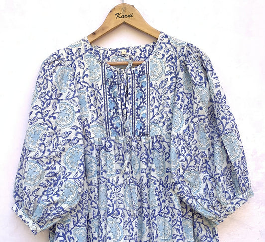 Blue Floral Hand Block Printed Cotton Midi Dress – Puff Sleeve Boho Indian Dress