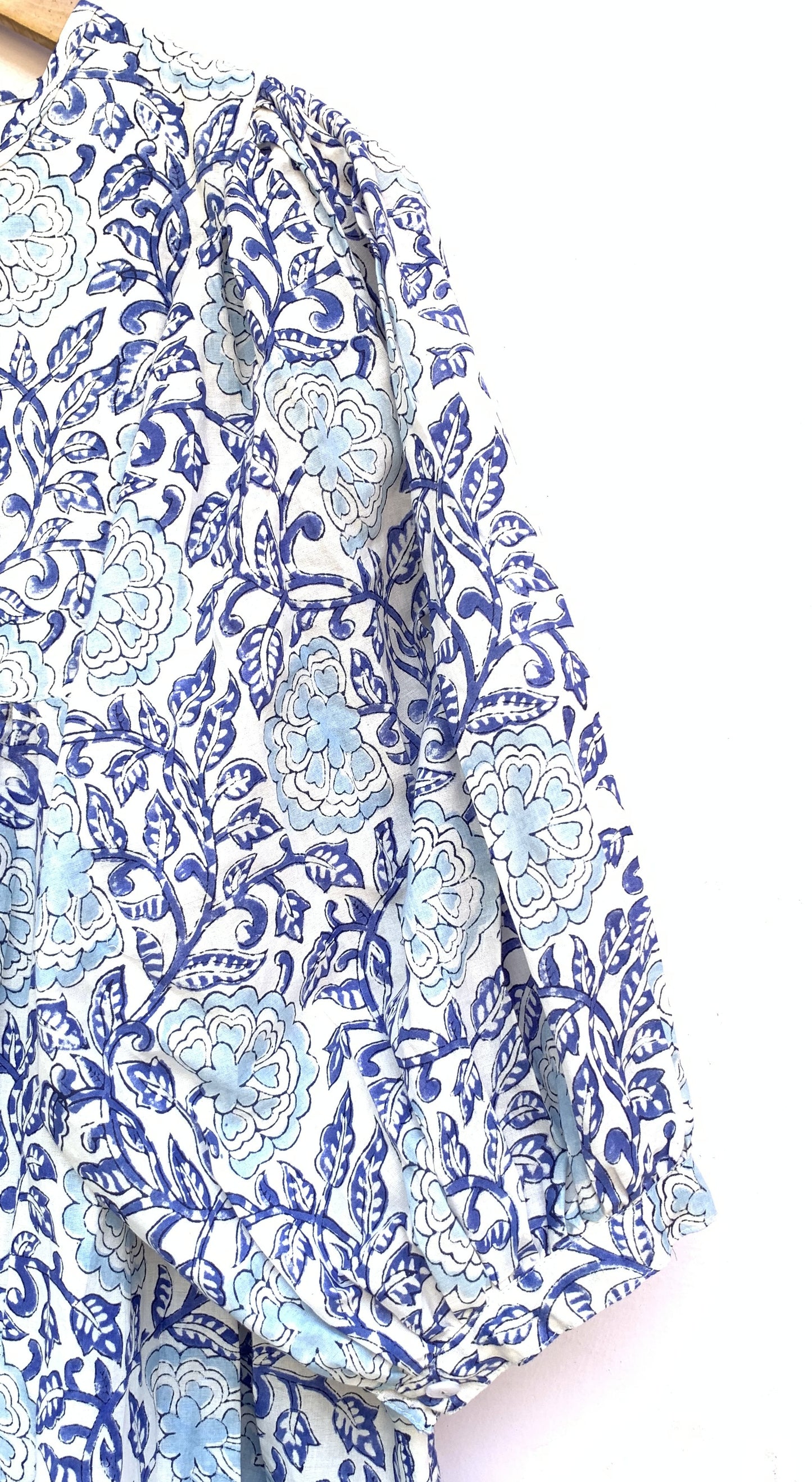 Blue Floral Hand Block Printed Cotton Midi Dress – Puff Sleeve Boho Indian Dress