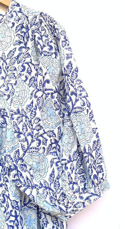 Blue Floral Hand Block Printed Cotton Midi Dress – Puff Sleeve Boho Indian Dress