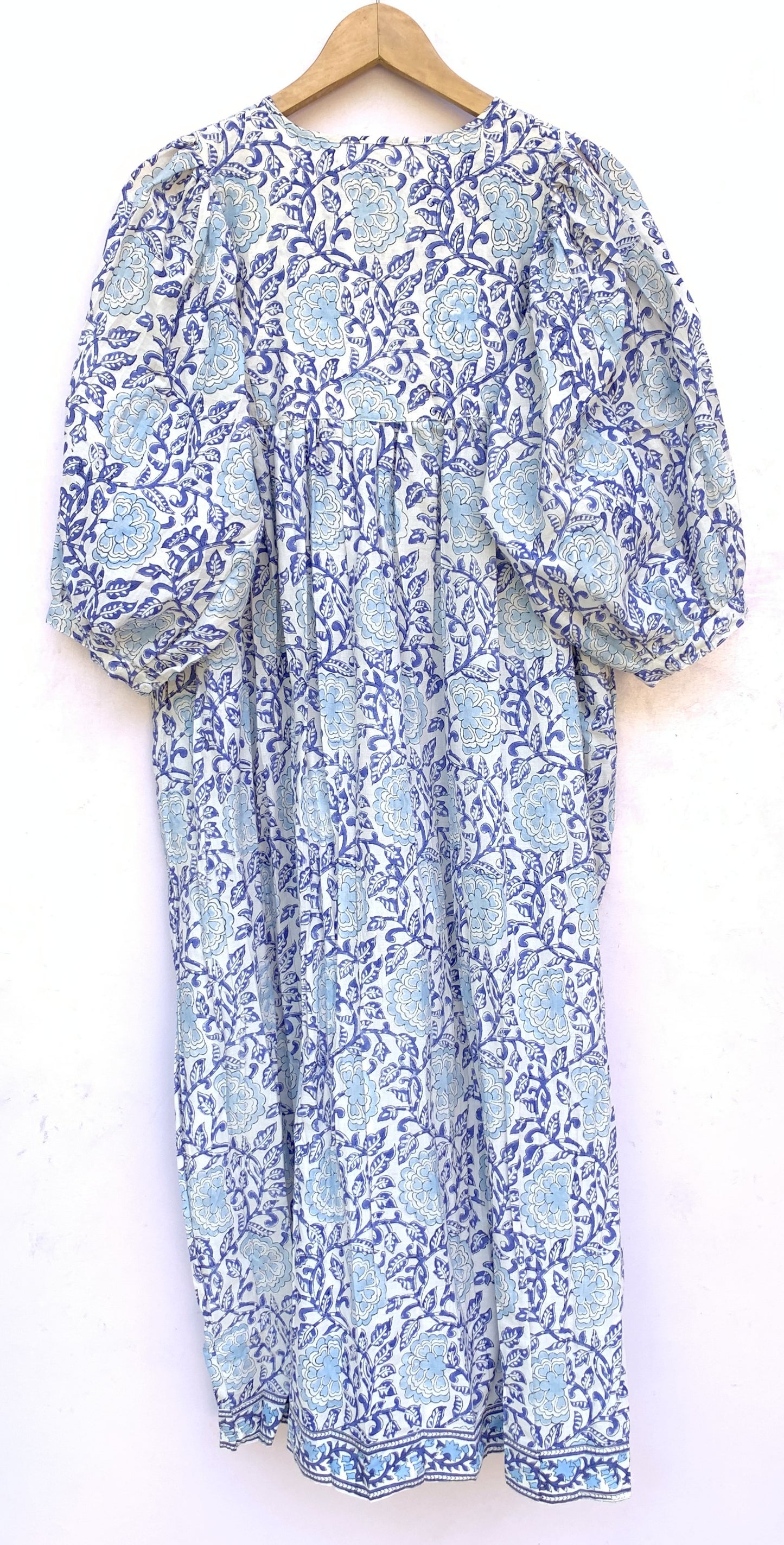Blue Floral Hand Block Printed Cotton Midi Dress – Puff Sleeve Boho Indian Dress