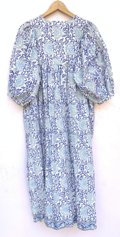 Blue Floral Hand Block Printed Cotton Midi Dress – Puff Sleeve Boho Indian Dress