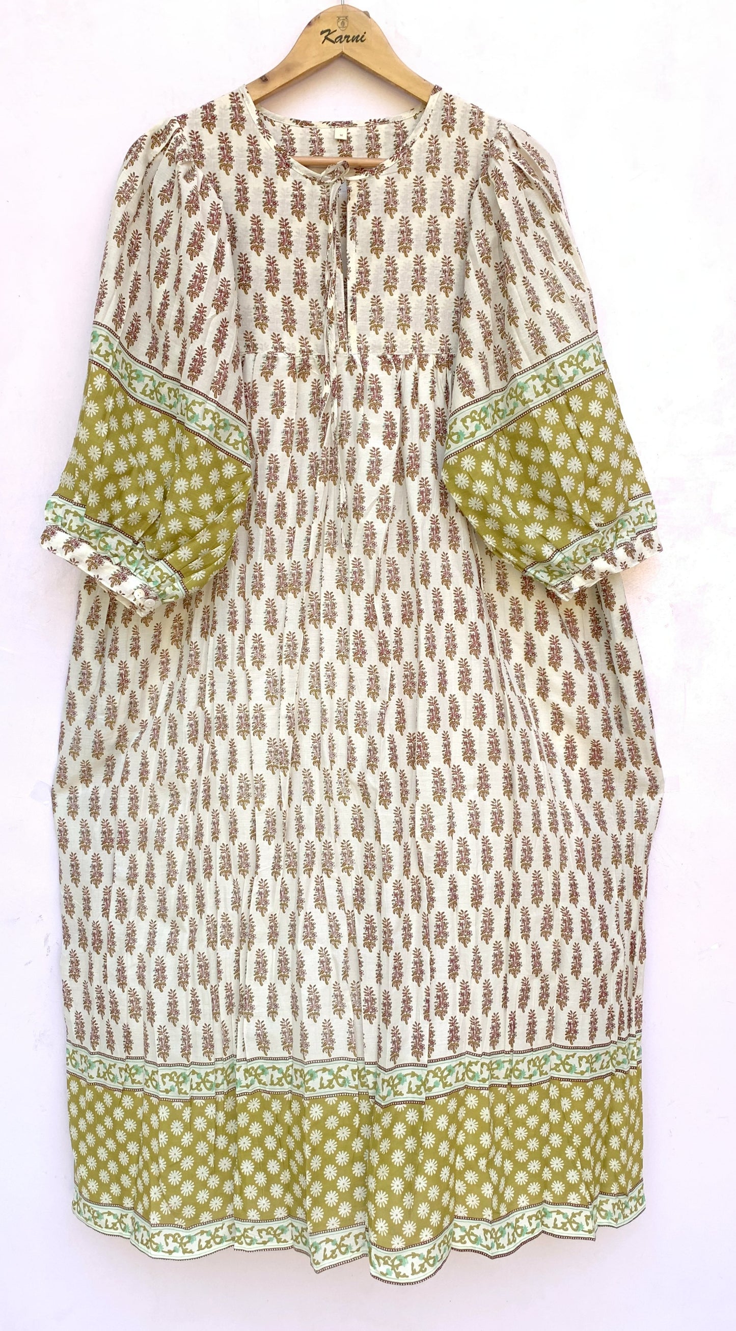 Ivory Olive Floral Hand Block Printed Cotton Midi Dress – Puff Sleeve Boho Indian Dress