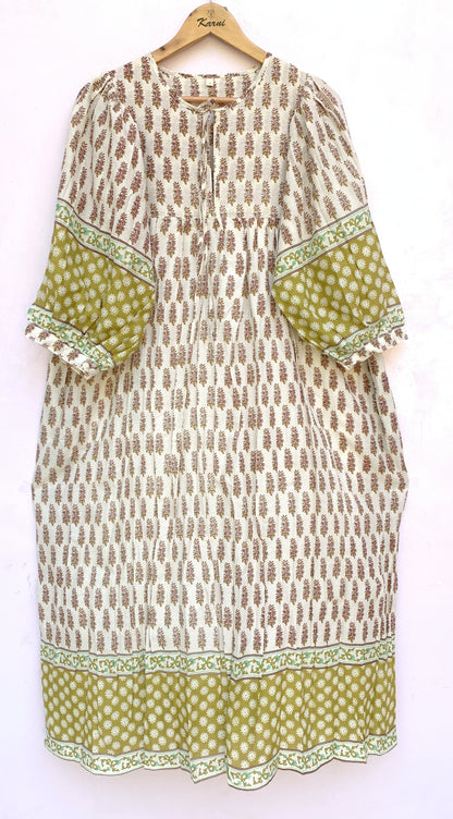 Ivory Olive Floral Hand Block Printed Cotton Midi Dress – Puff Sleeve Boho Indian Dress