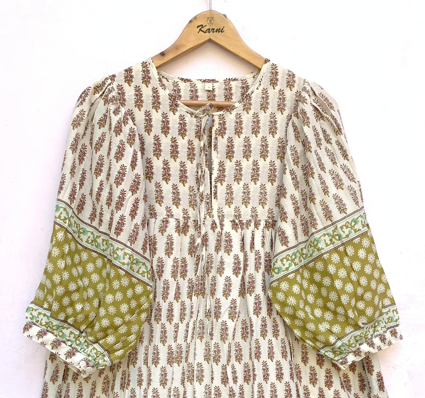 Ivory Olive Floral Hand Block Printed Cotton Midi Dress – Puff Sleeve Boho Indian Dress
