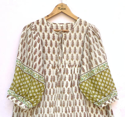 Ivory Olive Floral Hand Block Printed Cotton Midi Dress – Puff Sleeve Boho Indian Dress