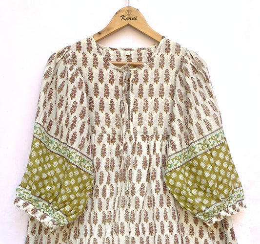 Ivory Olive Floral Hand Block Printed Cotton Midi Dress – Puff Sleeve Boho Indian Dress