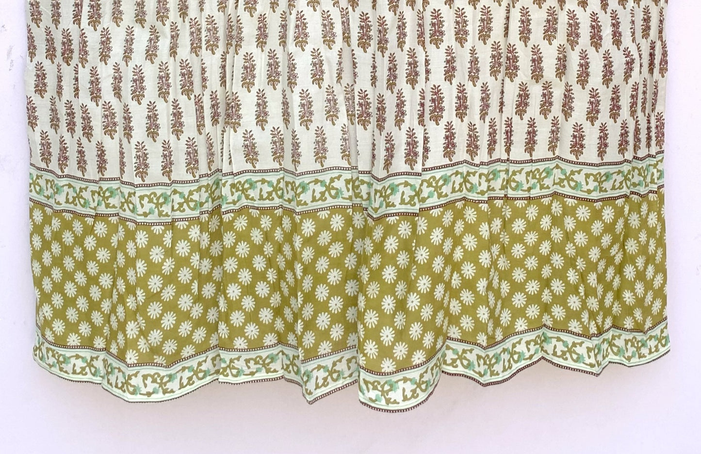 Ivory Olive Floral Hand Block Printed Cotton Midi Dress – Puff Sleeve Boho Indian Dress