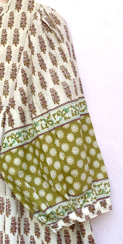 Ivory Olive Floral Hand Block Printed Cotton Midi Dress – Puff Sleeve Boho Indian Dress