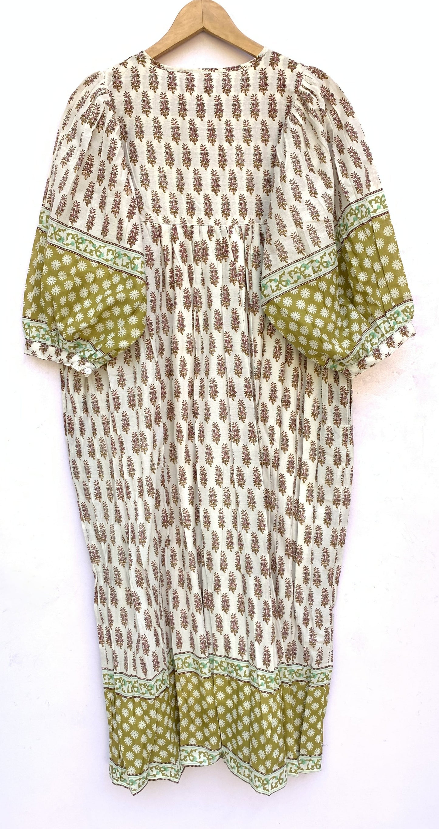 Ivory Olive Floral Hand Block Printed Cotton Midi Dress – Puff Sleeve Boho Indian Dress