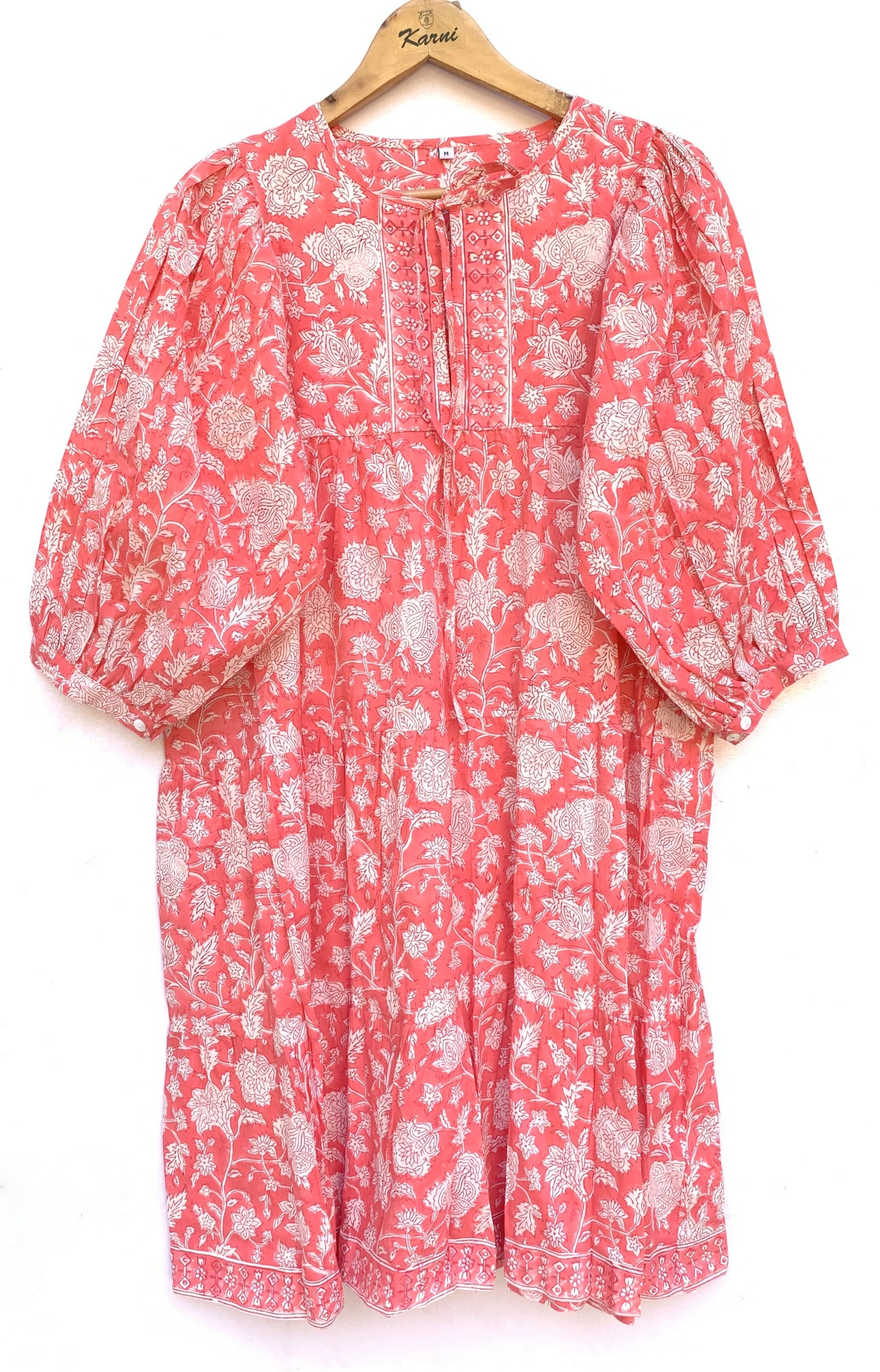 Coral Pink Floral Hand Block Printed Cotton Mini Dress – Puff Sleeve Boho Indian Dress