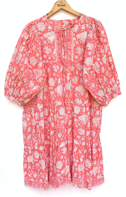 Coral Pink Floral Hand Block Printed Cotton Mini Dress – Puff Sleeve Boho Indian Dress