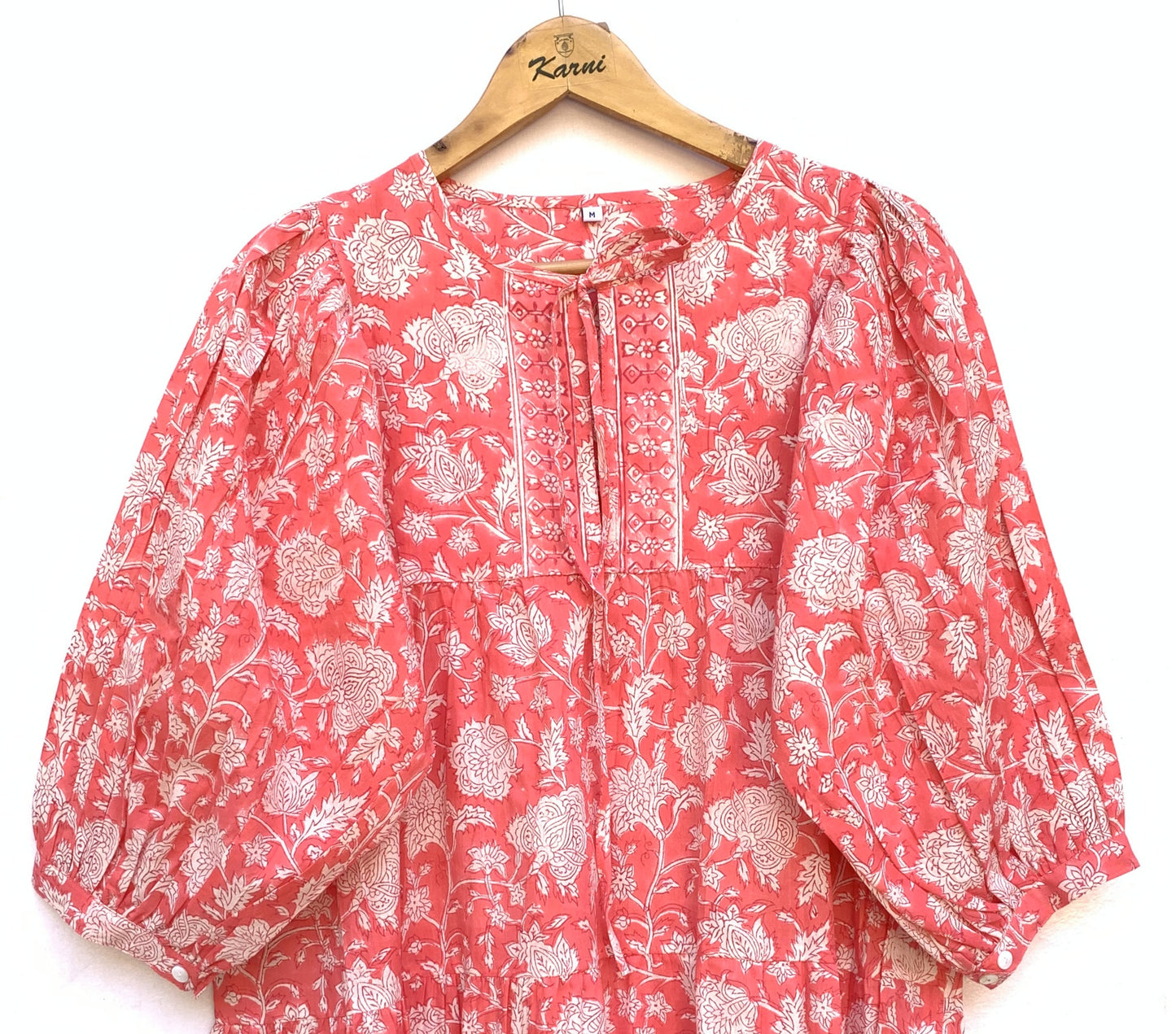 Coral Pink Floral Hand Block Printed Cotton Mini Dress – Puff Sleeve Boho Indian Dress