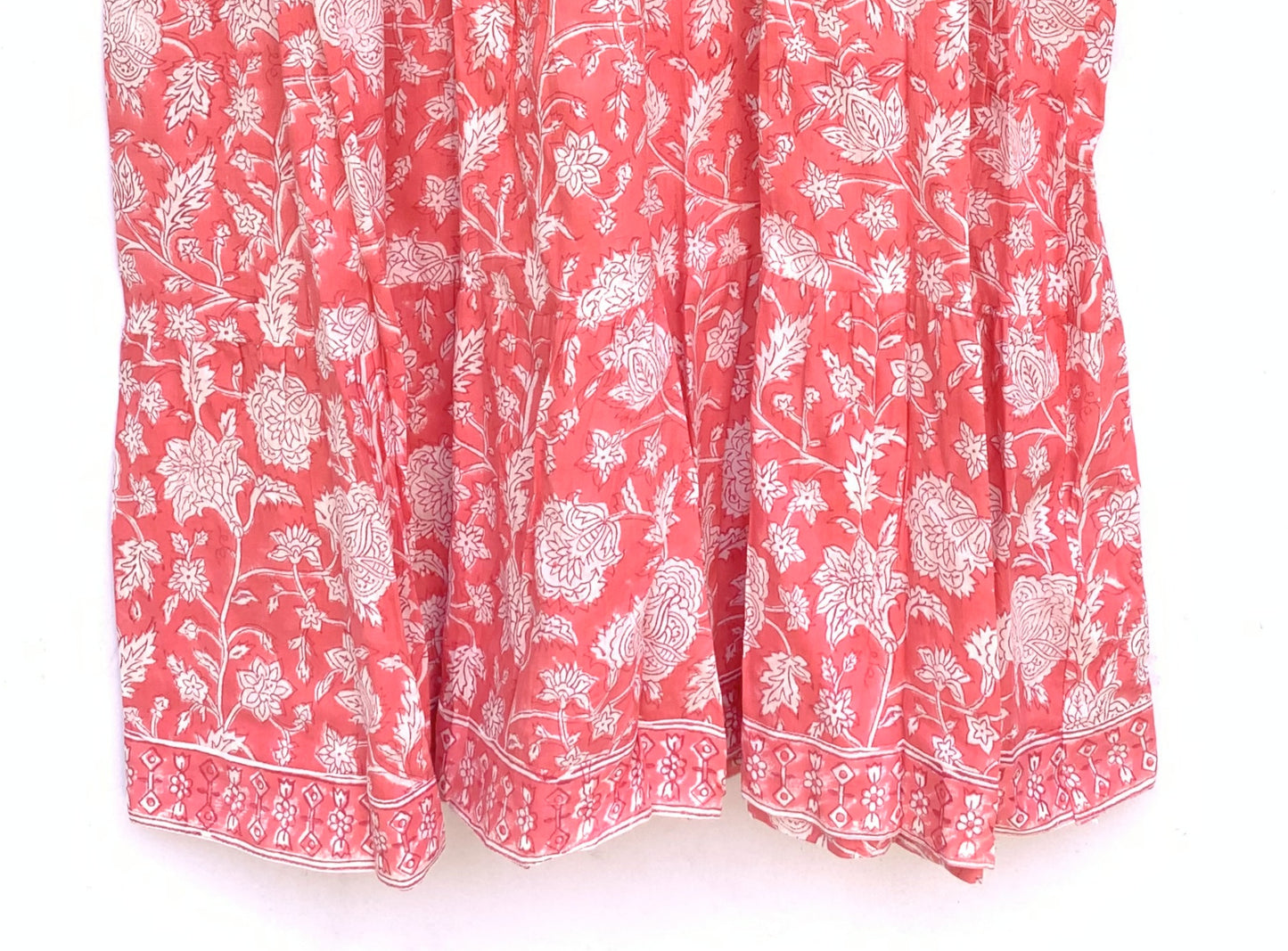 Coral Pink Floral Hand Block Printed Cotton Mini Dress – Puff Sleeve Boho Indian Dress