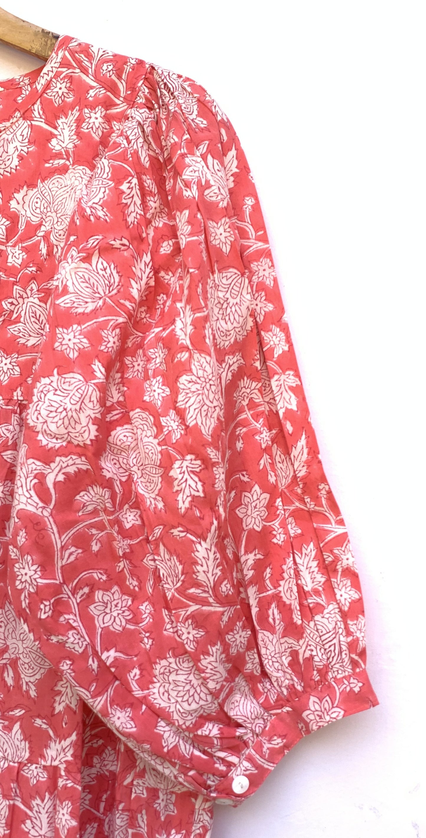 Coral Pink Floral Hand Block Printed Cotton Mini Dress – Puff Sleeve Boho Indian Dress