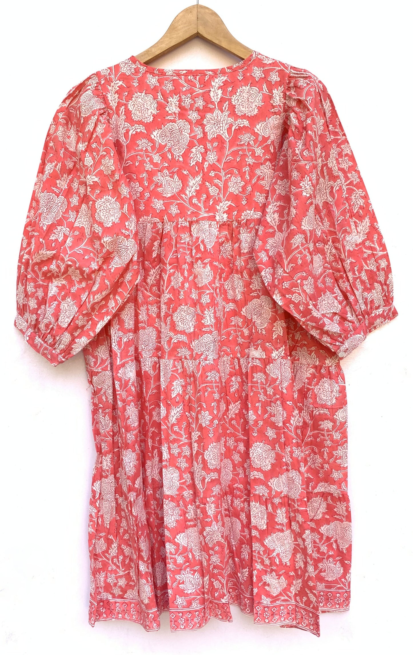 Coral Pink Floral Hand Block Printed Cotton Mini Dress – Puff Sleeve Boho Indian Dress