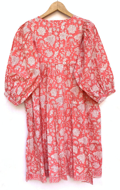 Coral Pink Floral Hand Block Printed Cotton Mini Dress – Puff Sleeve Boho Indian Dress
