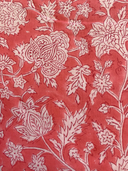 Coral Pink Floral Hand Block Printed Cotton Mini Dress – Puff Sleeve Boho Indian Dress