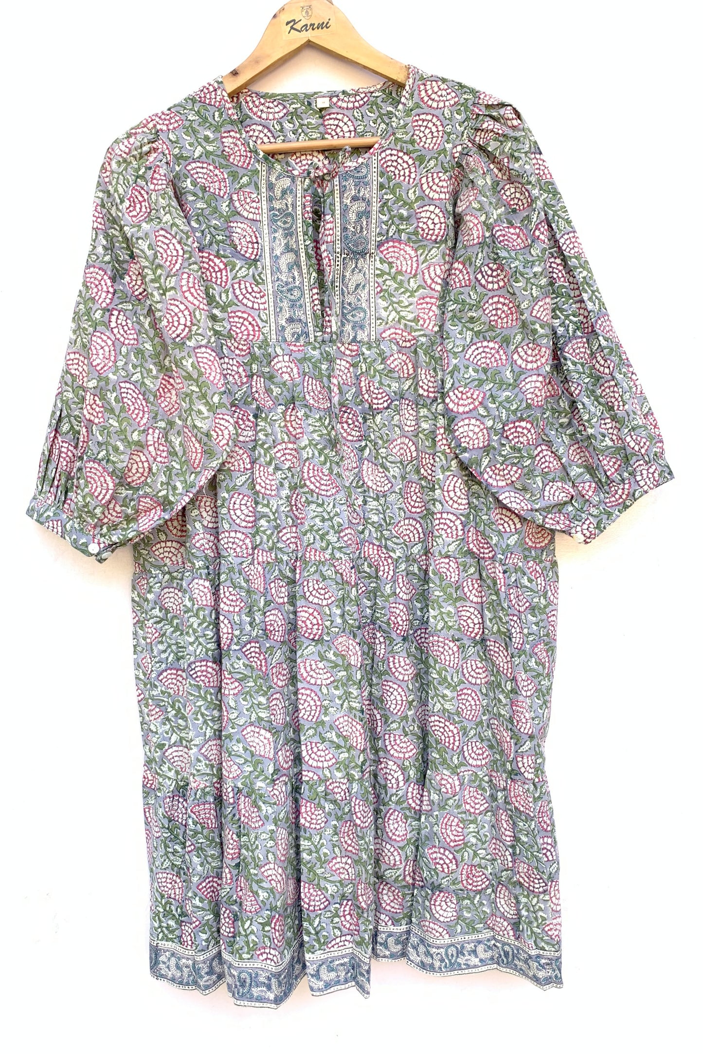 Sage Green Pink Floral Hand Block Printed Cotton Mini Dress – Puff Sleeve Boho Indian Dress