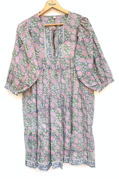 Sage Green Pink Floral Hand Block Printed Cotton Mini Dress – Puff Sleeve Boho Indian Dress