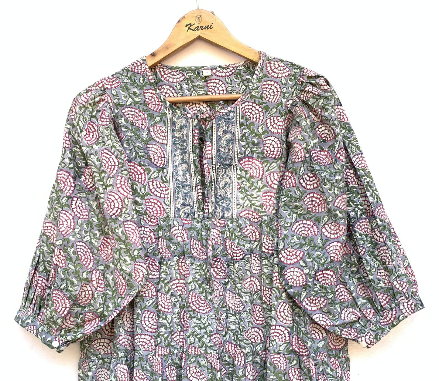 Sage Green Pink Floral Hand Block Printed Cotton Mini Dress – Puff Sleeve Boho Indian Dress