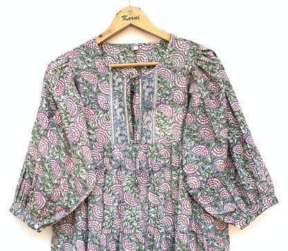 Sage Green Pink Floral Hand Block Printed Cotton Mini Dress – Puff Sleeve Boho Indian Dress