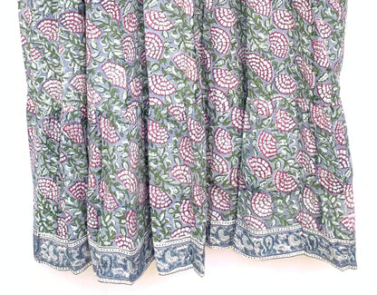 Sage Green Pink Floral Hand Block Printed Cotton Mini Dress – Puff Sleeve Boho Indian Dress