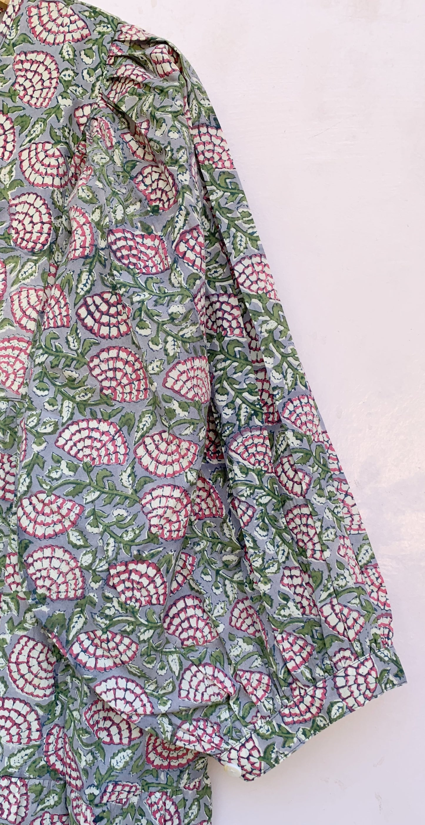 Sage Green Pink Floral Hand Block Printed Cotton Mini Dress – Puff Sleeve Boho Indian Dress