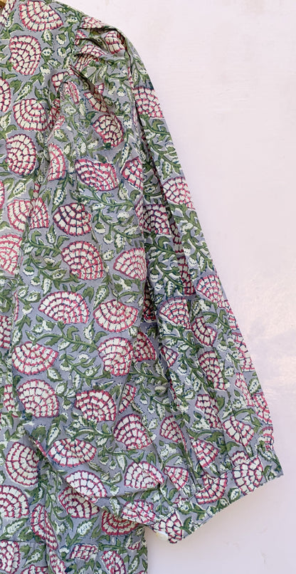 Sage Green Pink Floral Hand Block Printed Cotton Mini Dress – Puff Sleeve Boho Indian Dress