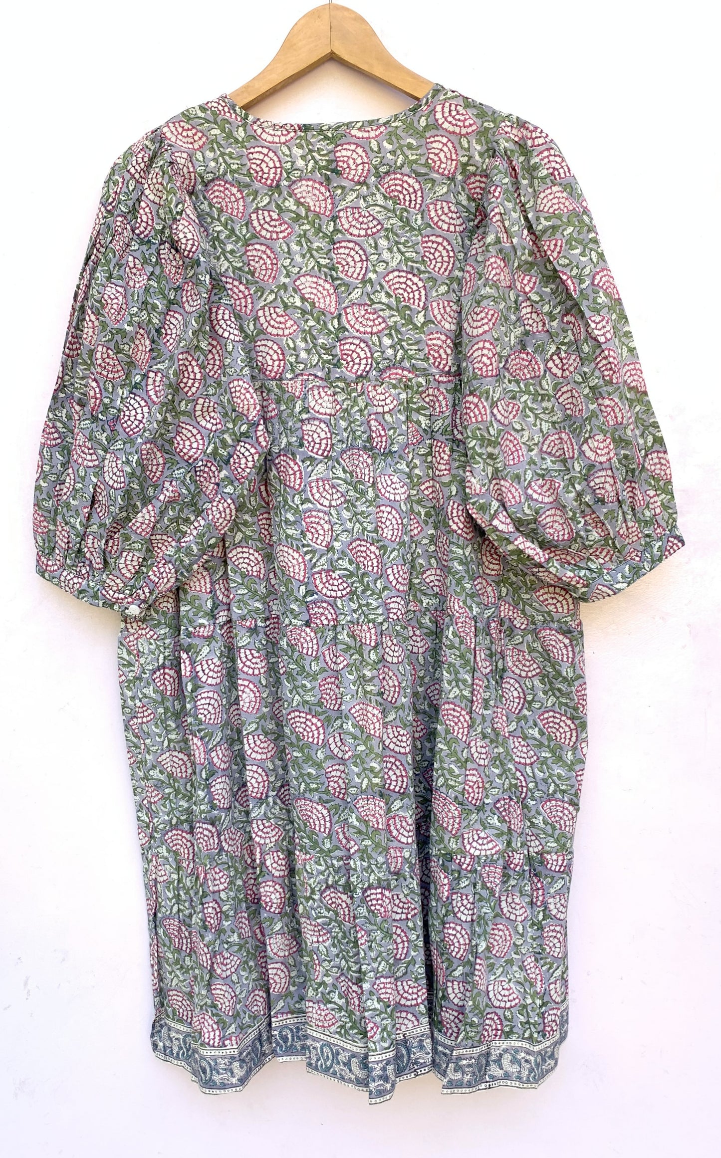 Sage Green Pink Floral Hand Block Printed Cotton Mini Dress – Puff Sleeve Boho Indian Dress