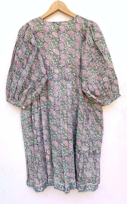 Sage Green Pink Floral Hand Block Printed Cotton Mini Dress – Puff Sleeve Boho Indian Dress