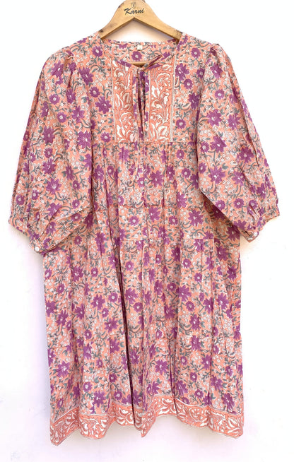 Peach Purple Floral Hand Block Printed Cotton Mini Dress – Puff Sleeve Boho Indian Dress
