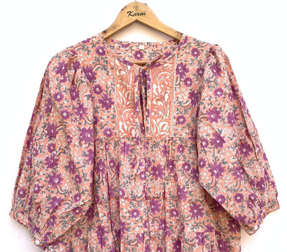 Peach Purple Floral Hand Block Printed Cotton Mini Dress – Puff Sleeve Boho Indian Dress