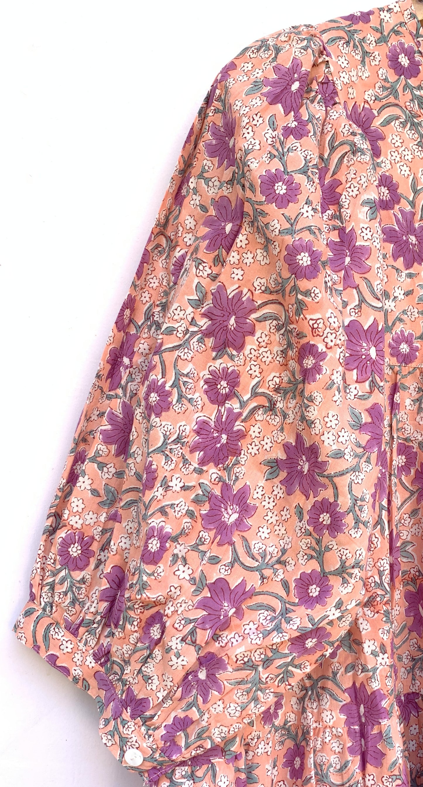Peach Purple Floral Hand Block Printed Cotton Mini Dress – Puff Sleeve Boho Indian Dress