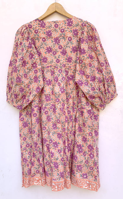 Peach Purple Floral Hand Block Printed Cotton Mini Dress – Puff Sleeve Boho Indian Dress