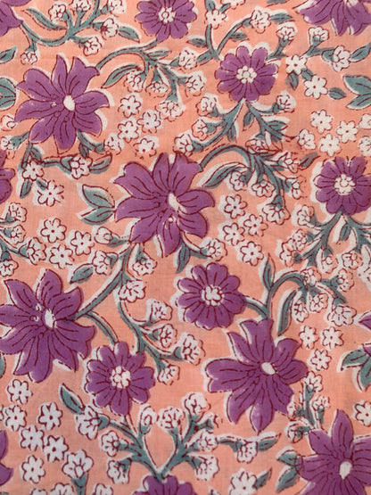 Peach Purple Floral Hand Block Printed Cotton Mini Dress – Puff Sleeve Boho Indian Dress