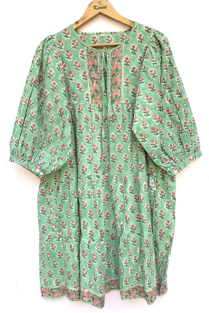 Sage Green Pink Floral Hand Block Printed Cotton Mini Dress – Puff Sleeve Boho Indian Dress
