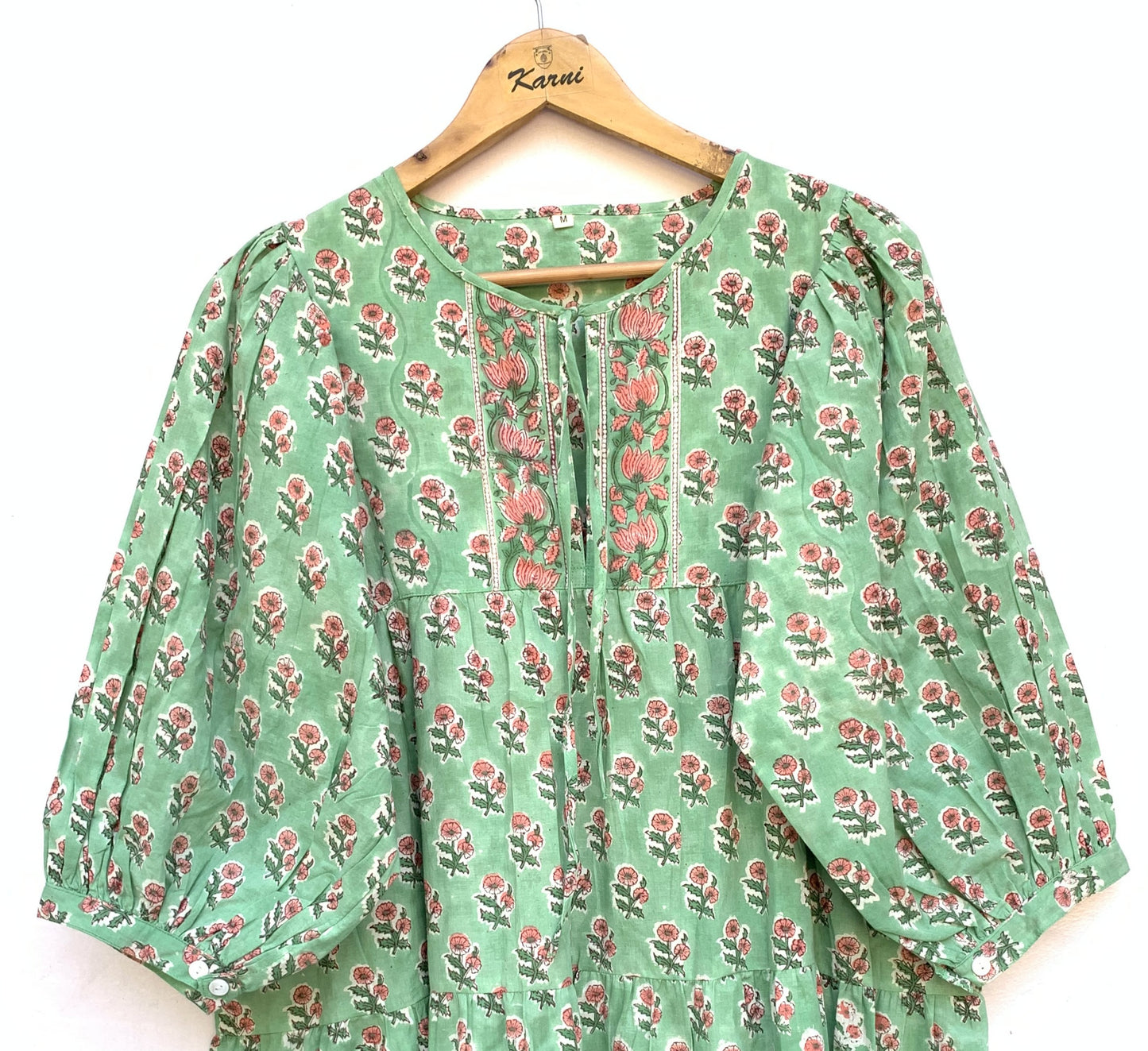 Sage Green Pink Floral Hand Block Printed Cotton Mini Dress – Puff Sleeve Boho Indian Dress