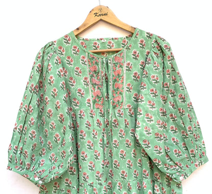 Sage Green Pink Floral Hand Block Printed Cotton Mini Dress – Puff Sleeve Boho Indian Dress