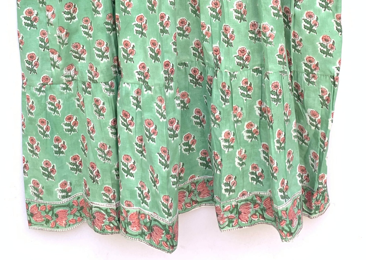 Sage Green Pink Floral Hand Block Printed Cotton Mini Dress – Puff Sleeve Boho Indian Dress